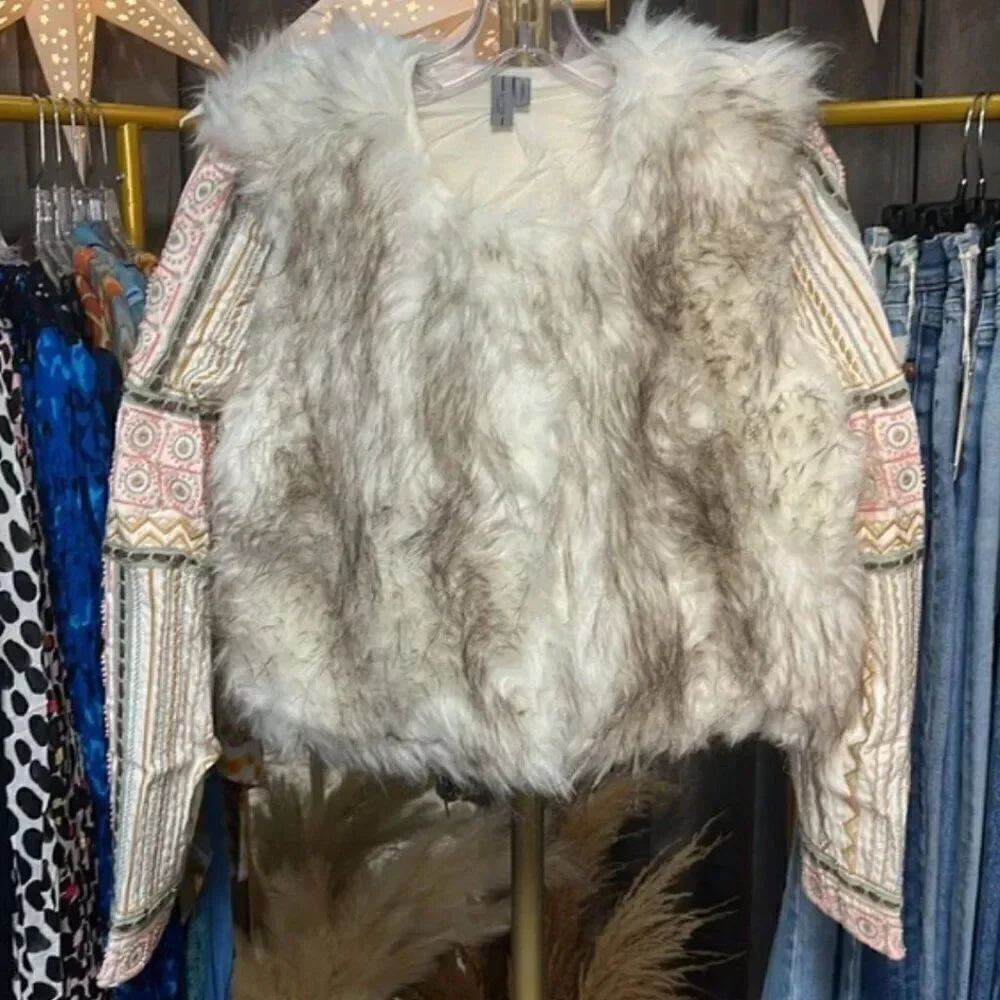 Bl^nk London x Anthropologie NWOT Embroidered Beaded Cropped Faux Fur Jacket XS